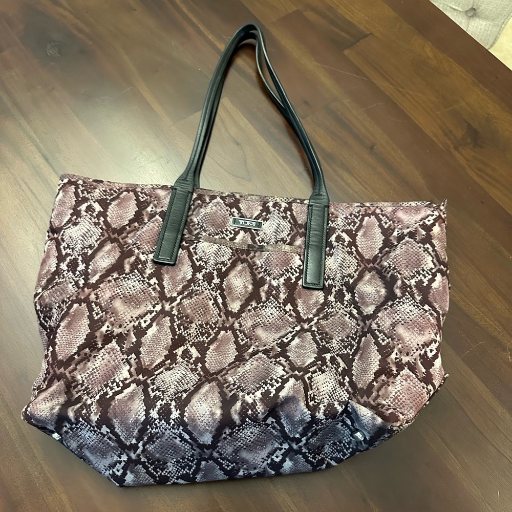 TUMI Voyageur Snake Print Nylon Black Leather Straps Large Logo Tote